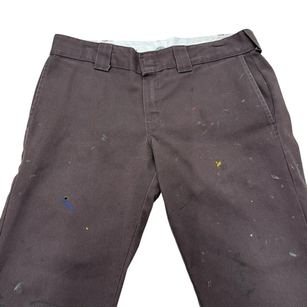 Men’s Dickies Slim Straight Work Pants Brown Distressed Paint Splatter - Picture 6 of 15